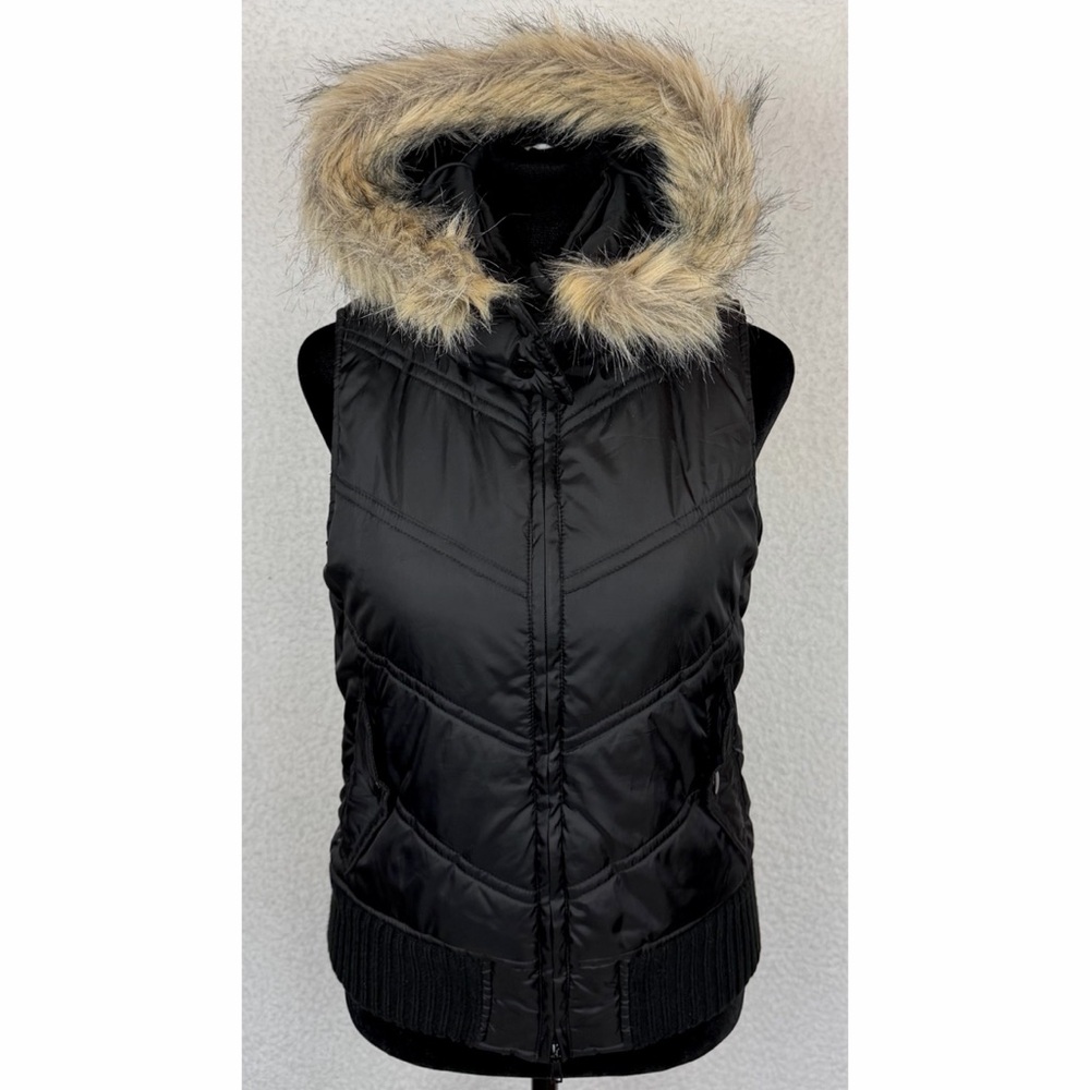 (VTG) FOREVER 21 • Black/Tan Y2K Quilted Zip-Up Vest w/ Faux Fur Trimmed Hood, S - Picture 15 of 15